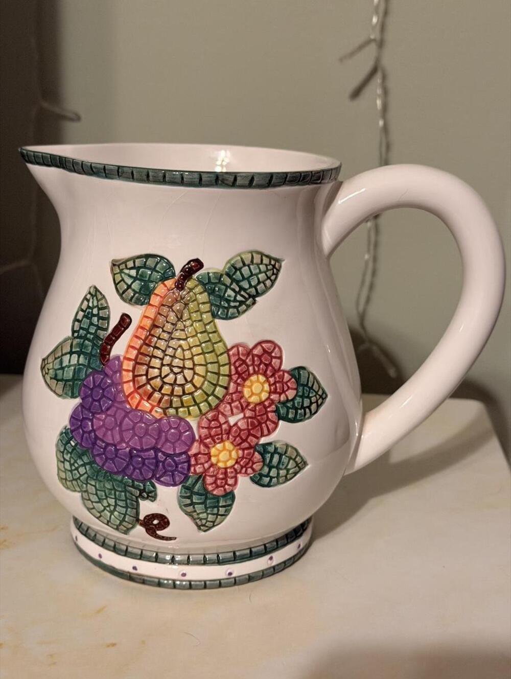 Vintage 1997 Youngs Unique Fruit Mosaic Ceramic Pitcher 3D Texture, Grandmacore